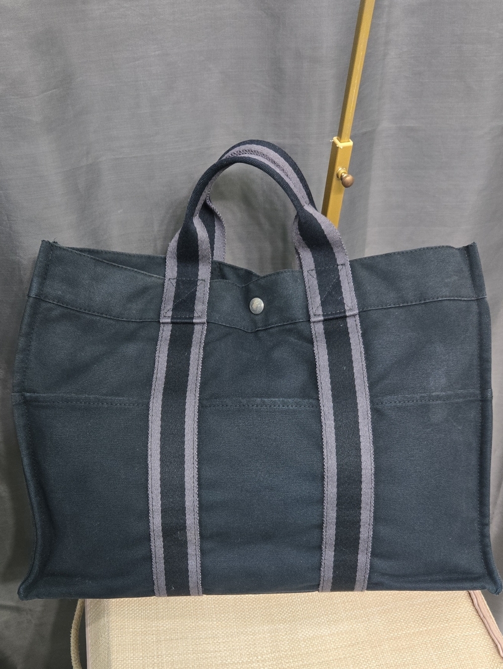 Hermes Dark Navy Canvas Tote with Gray Stripes